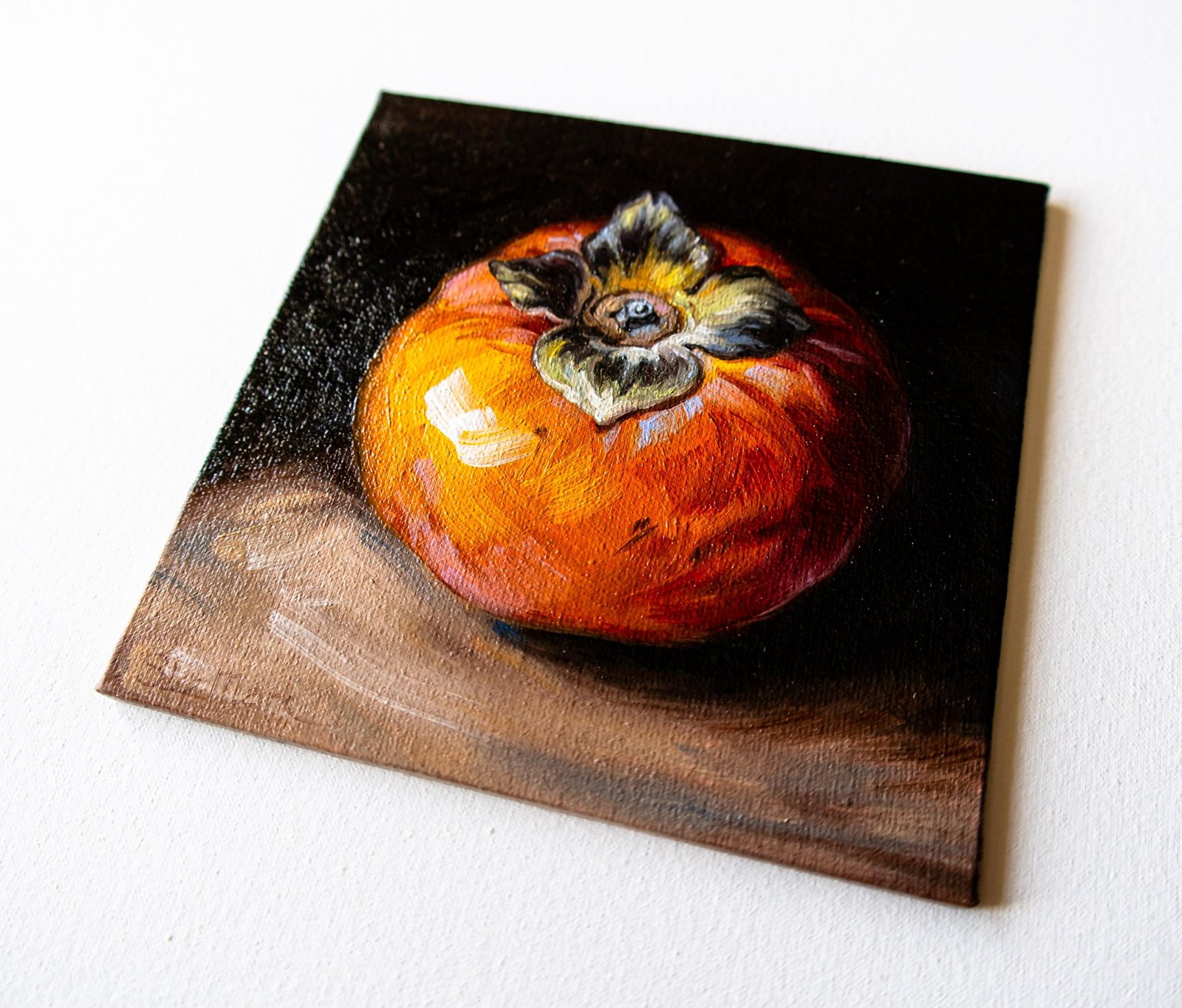 Persimmon Original art 6x6 by S. Lee Mark - Stil life oil painting Fruit art Fruit still life Fruit painting Citrus art