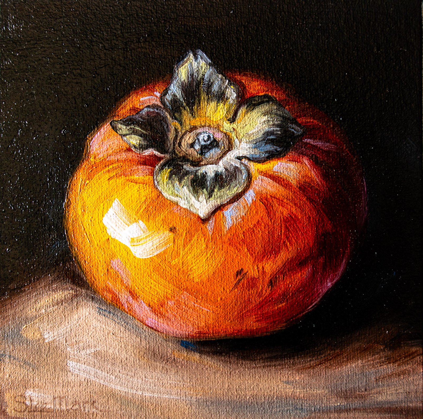 Persimmon Original art 6x6 by S. Lee Mark - Stil life oil painting Fruit art Fruit still life Fruit painting Citrus art by Svitlana Lee Mark