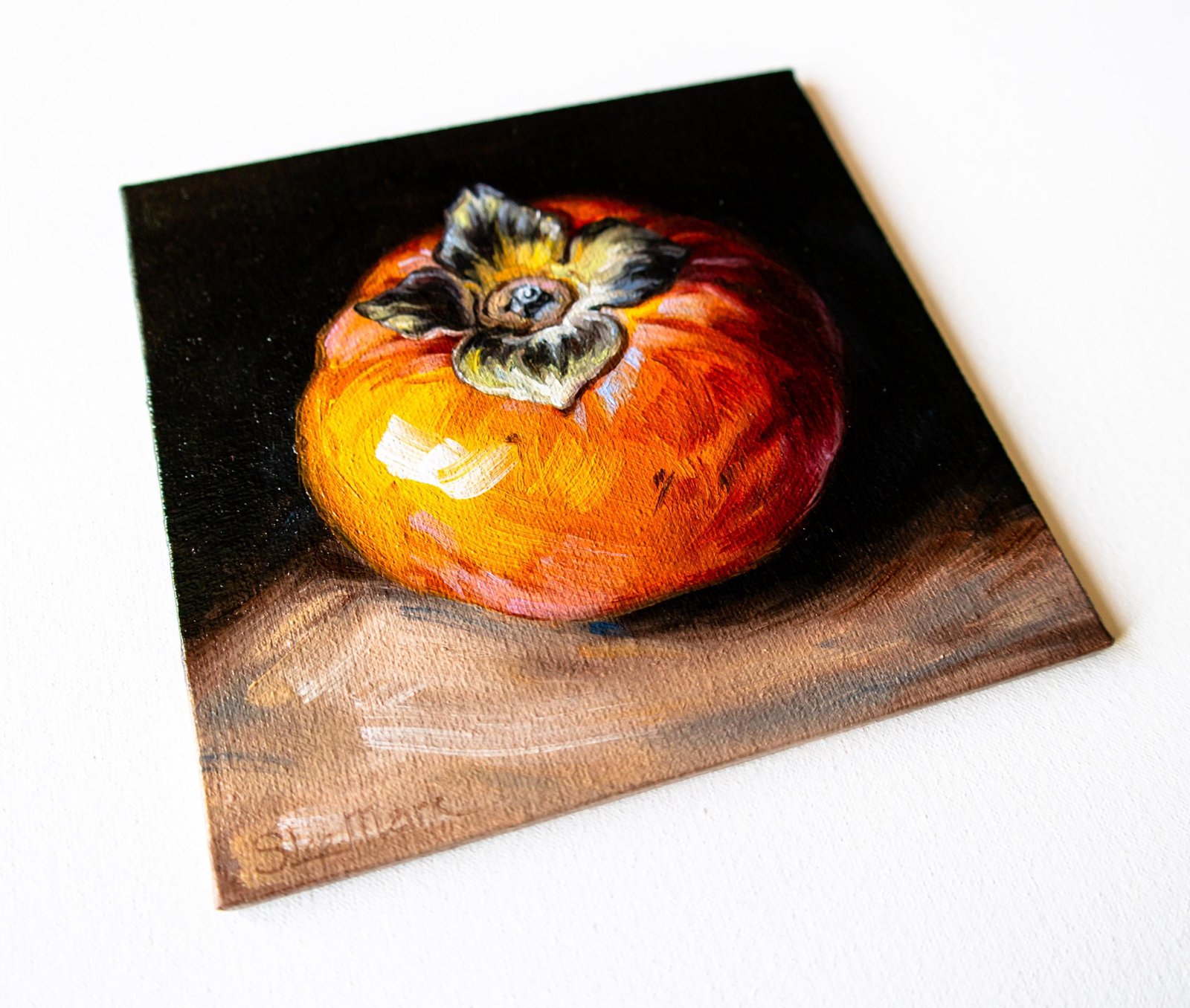 Persimmon Original art 6x6 by S. Lee Mark - Stil life oil painting Fruit art Fruit still life Fruit painting Citrus art