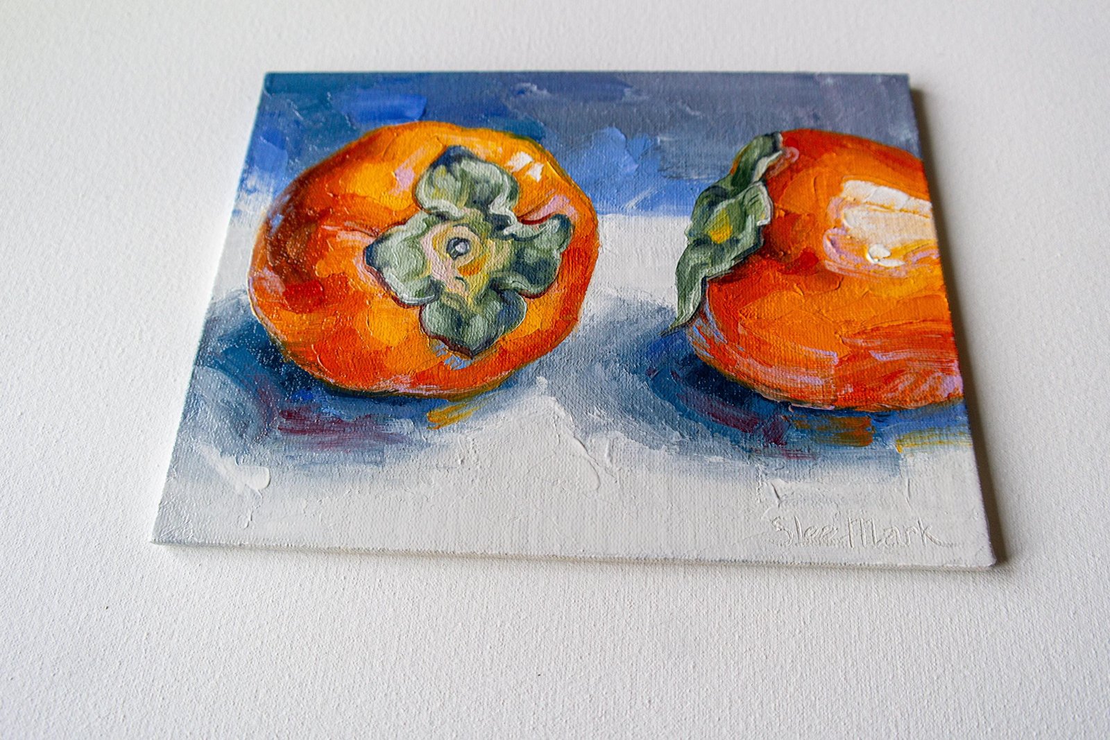 Persimmon Original art 6x8 by S. Lee Mark - Stil life oil painting Fruit art Fruit still life Fruit painting Citrus art