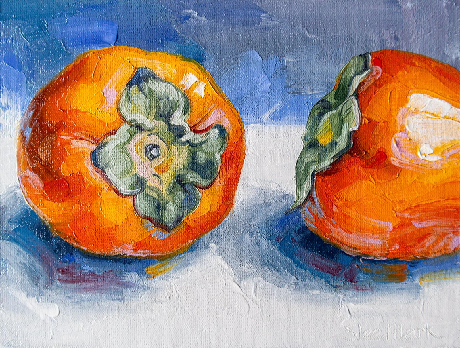 Persimmon Original art 6x8 by S. Lee Mark - Stil life oil painting Fruit art Fruit still life Fruit painting Citrus art
