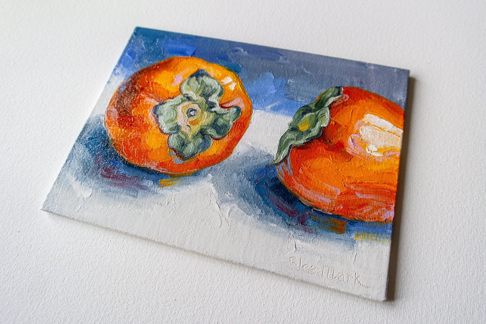 Persimmon Original art 6x8 by S. Lee Mark - Stil life oil painting Fruit art Fruit still life Fruit painting Citrus art